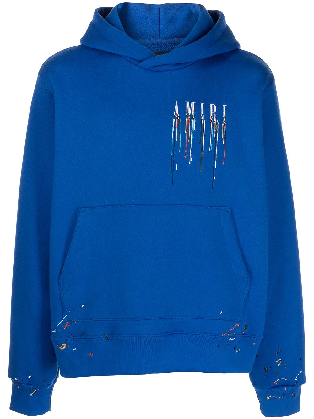 A blue hooded sweatshirt with embroidered branding on the chest and a paint drip design, featuring a front pouch pocket and ribbed trims.